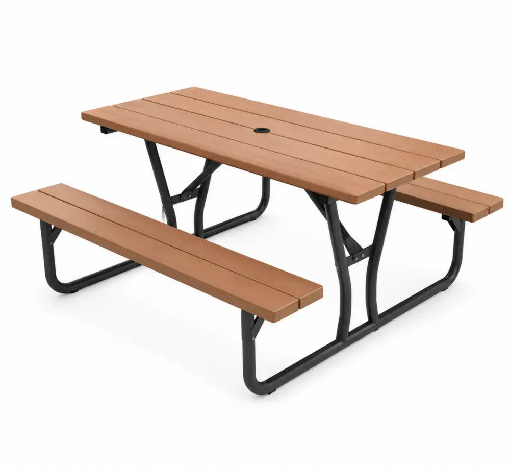 Garten Sitzgruppe mit Tisch und 2 Bänken HDPE Kunststoff Stahl rechteckig Braun Schwarz 180 x 145 x 74 cm