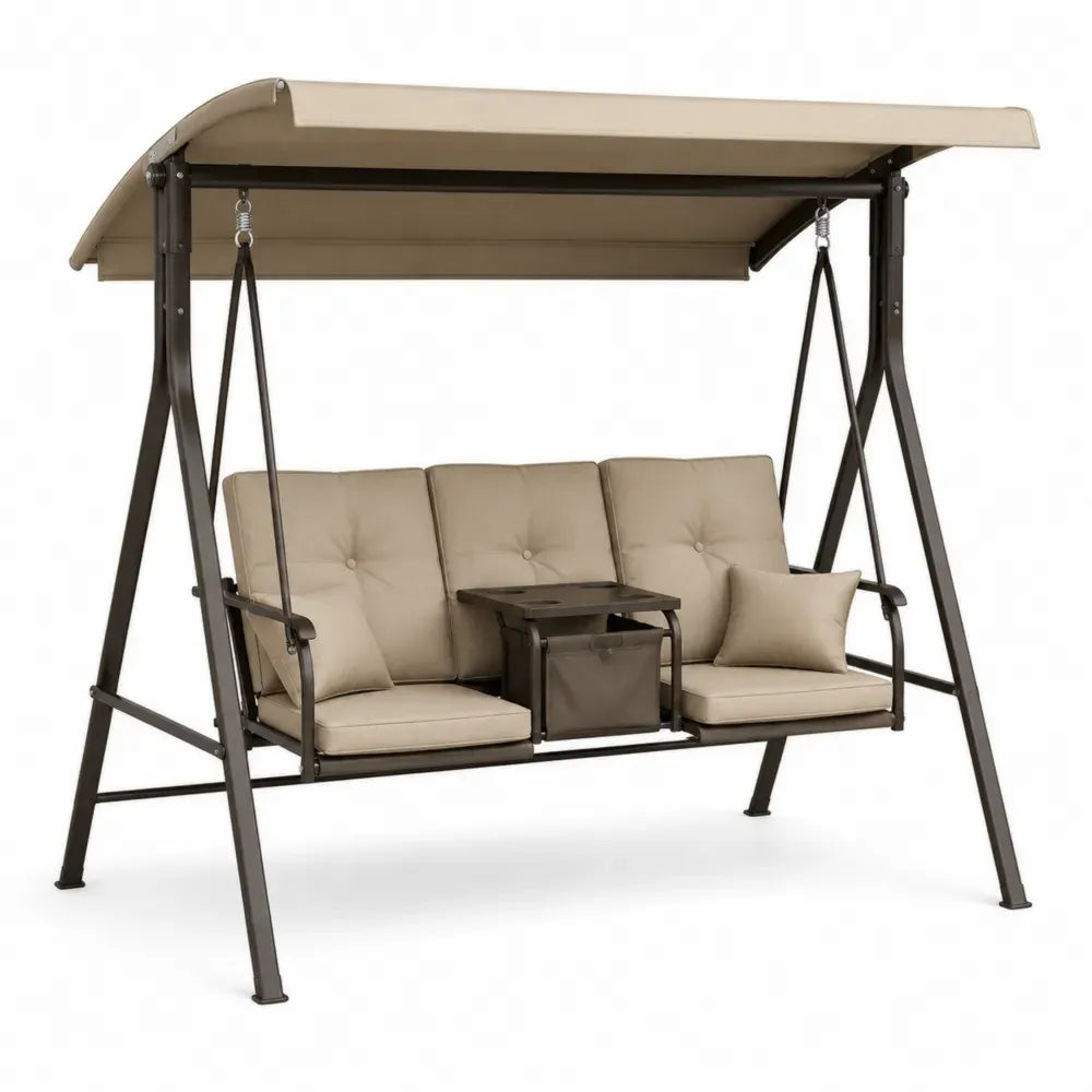 Hollywoodschaukel 3 Sitzer mit Dach Kissen Tisch Tasche Stahl Polyester Taupebeige Dunkelbraun 230 x 125 x 170 cm