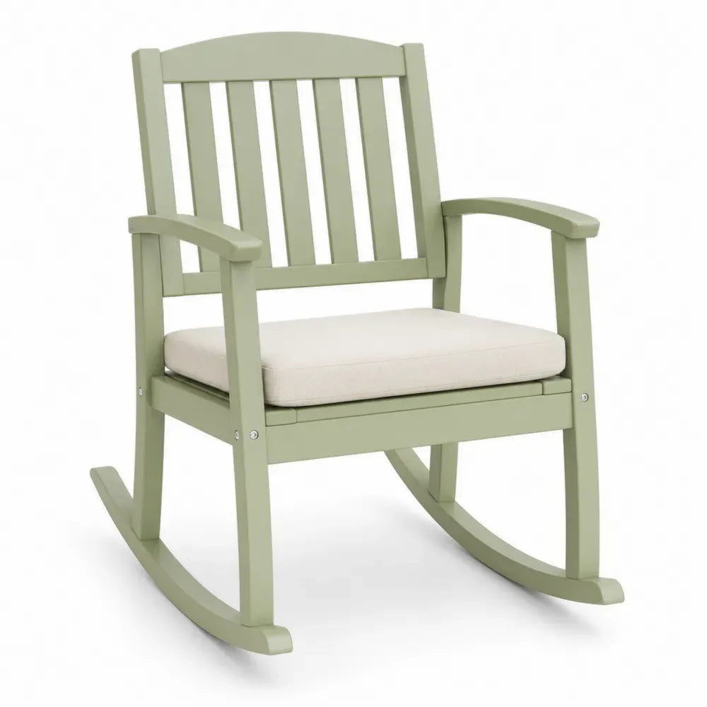 Garten Schaukelstuhl mit Armlehnen und rechteckigem Sitzkissen 70 x 88 x 102 cm HDPE Kunststoff Salbeigrün Creme