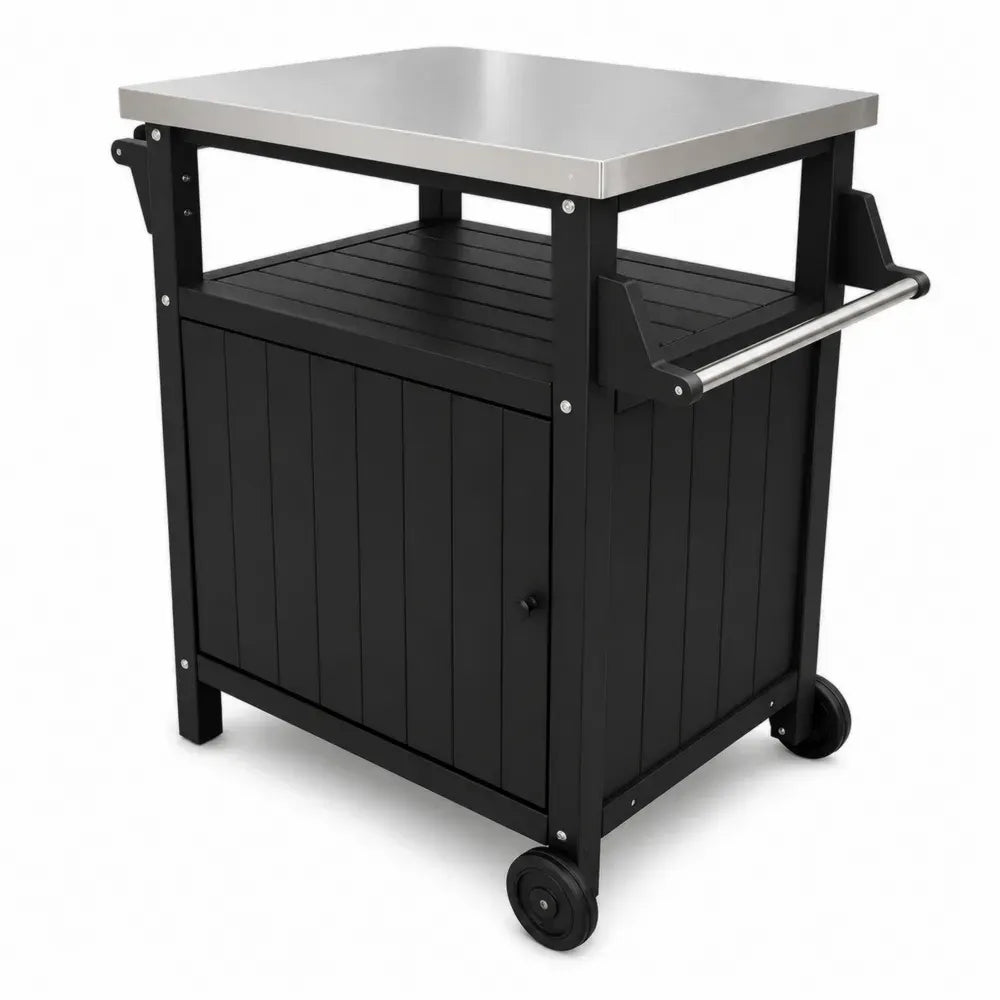 Garten-Servierwagen mit Edelstahlplatte und Rollen 86 x 50 x 90 cm pulverbeschichteter Stahl HDPE rechteckig Schwarz Silberfarben