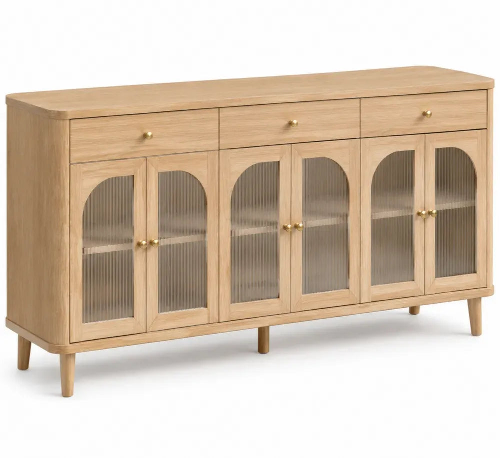 Sideboard Buffet Kommode mit 3 Schubladen 6 Riffelglastüren MDF Eichenfurnier rechteckig natur goldfarben 160 x 40 x 85 cm