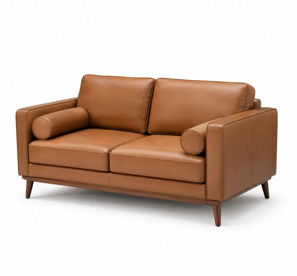 Zweisitzer Sofa mit 2 Rollenkissen 160 x 82 x 84 cm PU-Kunstleder PU-Schaum Sperrholz MDF Gummibaumholz rechteckig Cognacbraun Braun