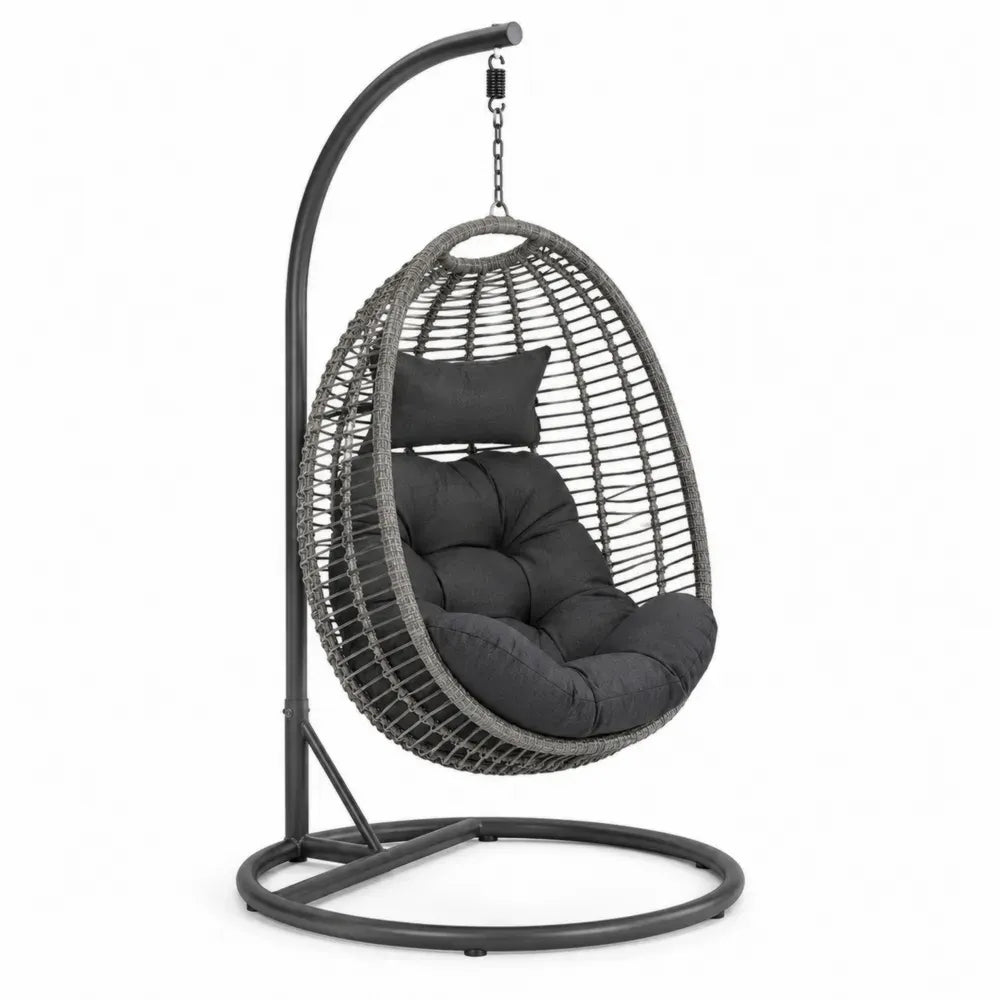 Hängesessel Gartenstuhl mit Gestell und Kissen 105 x 105 x 195 cm pulverbeschichteter Stahl PE-Rattan Ei-Form Grau Anthrazit Schwarz