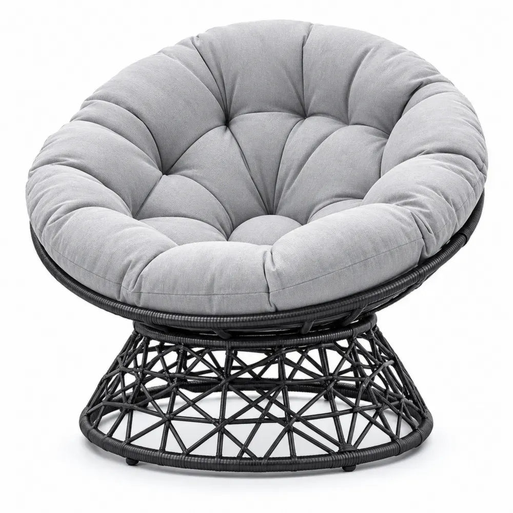 Gartensessel Papasan mit Polsterkissen PE Rattan Stahl rund Grau Schwarz 115 x 105 x 85 cm