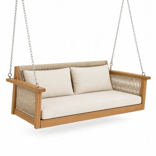 Gartenschaukel Hängesofa 2 Sitzer mit Kissen Akazienholz Polyesterseil Stahl Naturbraun Creme Beige 150 x 75 x 65 cm