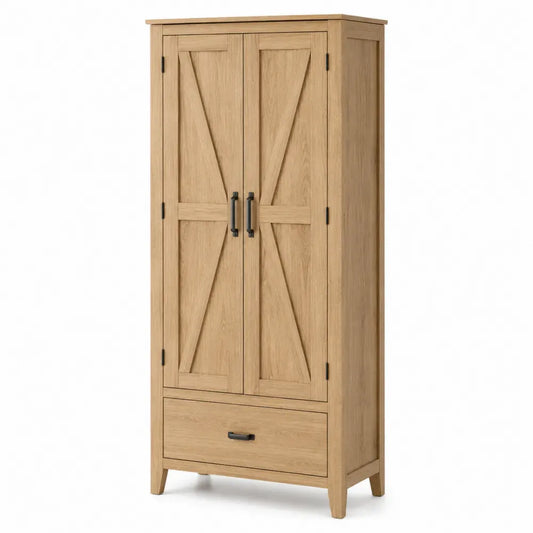 Aufbewahrungsschrank Hochschrank 80 x 40 x 180 cm MDF Spanplatte Eichenfurnier rechteckig 2 Türen 1 Schublade Eiche Natur Schwarz