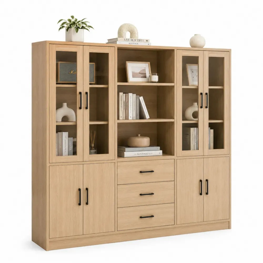 Aufbewahrungsschrank Vitrinenschrank mit 8 Türen 3 Schubladen MDF Spanplatte gehärtetes Glas rechteckig Eiche natur transparent schwarz 180 x 40 x 180 cm