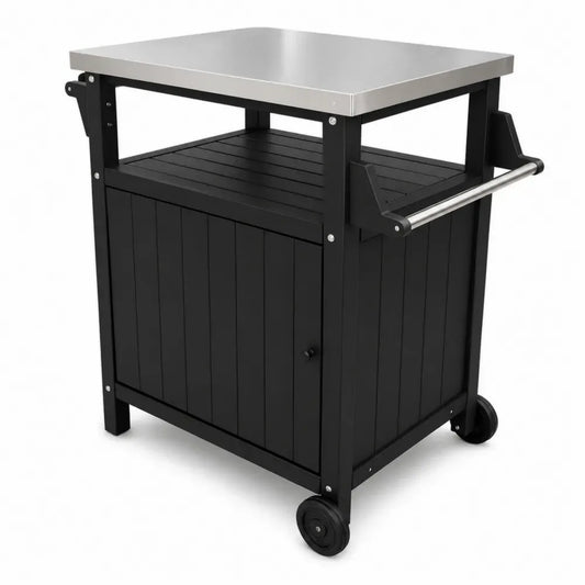 Garten-Servierwagen mit Edelstahlplatte und Rollen 86 x 50 x 90 cm pulverbeschichteter Stahl HDPE rechteckig Schwarz Silberfarben