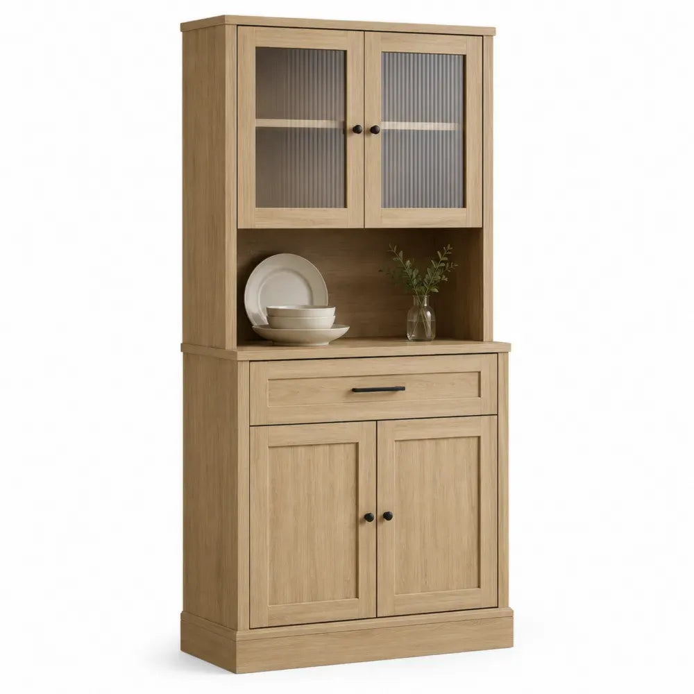 Buffetschrank Küchenschrank mit Riffelglas MDF Spanplatte rechteckig Eiche natur transparent schwarz 90 x 40 x 180 cm