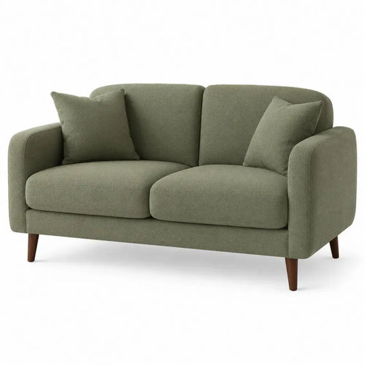 Zweisitzer Sofa mit 2 Kissen 160 x 82 x 84 cm Polyestergewebe PU-Schaum Sperrholz MDF Gummibaumholz rechteckig Salbeigrün Braun