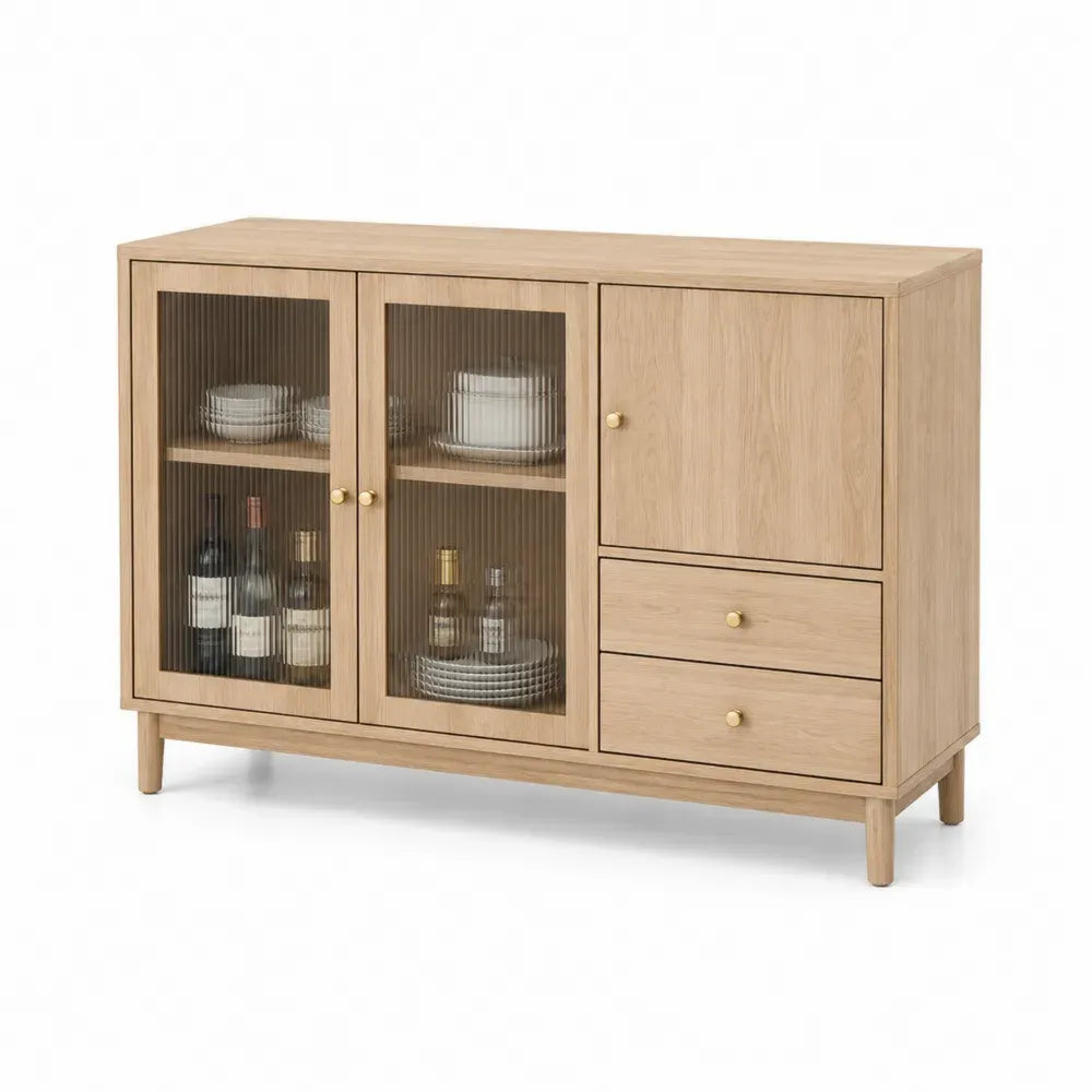 Sideboard Buffetschrank 120 x 40 x 85 cm MDF Spanplatte Riffelglas rechteckig 3 Türen 2 Schubladen Eiche Natur Goldfarben