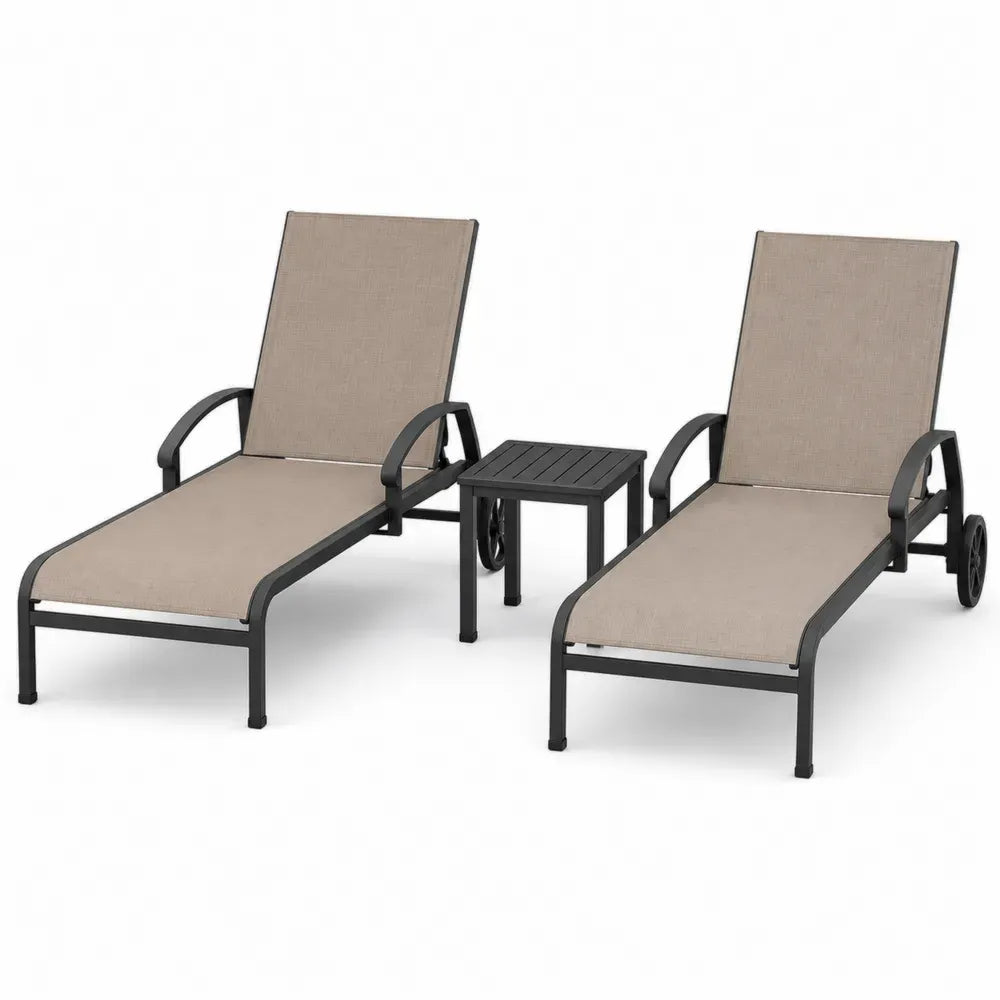 Gartenliegen Set 3 teilig mit 2 Sonnenliegen und Beistelltisch verstellbare Rückenlehne Rollen PP Kunststoff Polyestergewebe Taupegrau Beige Schwarz Liege 190 x 70 x 92 cm