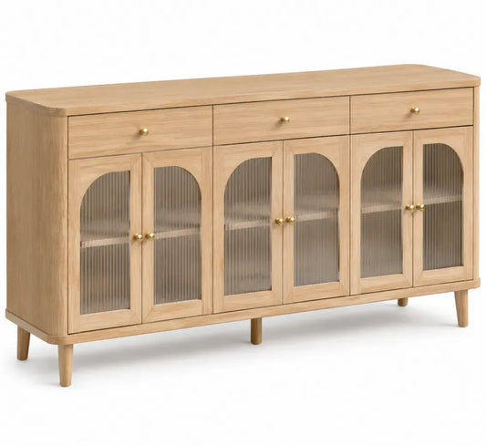Sideboard Buffet Kommode mit 3 Schubladen 6 Riffelglastüren MDF Eichenfurnier rechteckig natur goldfarben 160 x 40 x 85 cm