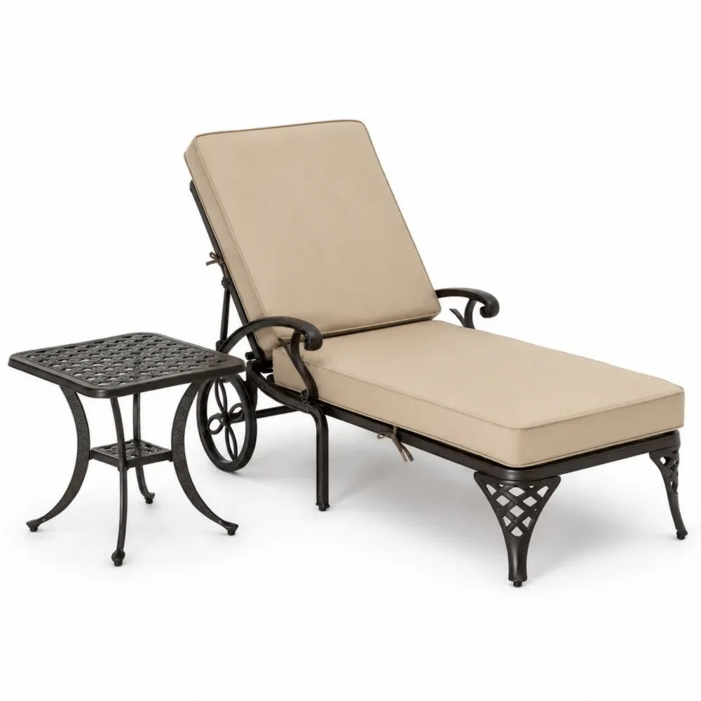 Gartenliege Set mit Beistelltisch verstellbarer Rückenlehne Aluminiumguss Polyester Beige Dunkelbraun Liege 200 x 70 x 100 cm Tisch 45 x 45 x 46 cm