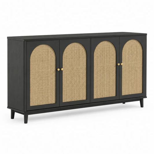 Sideboard Buffetschrank 160 x 40 x 80 cm MDF Spanplatte PE Rattan rechteckig 4 Türen Schwarz Naturbeige Goldfarben