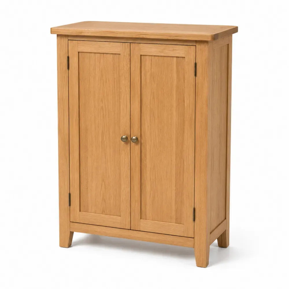 Aufbewahrungsschrank Kommode mit 2 Türen 80 x 40 x 105 cm MDF Spanplatte Eichenfurnier rechteckig Natur Messingfarben