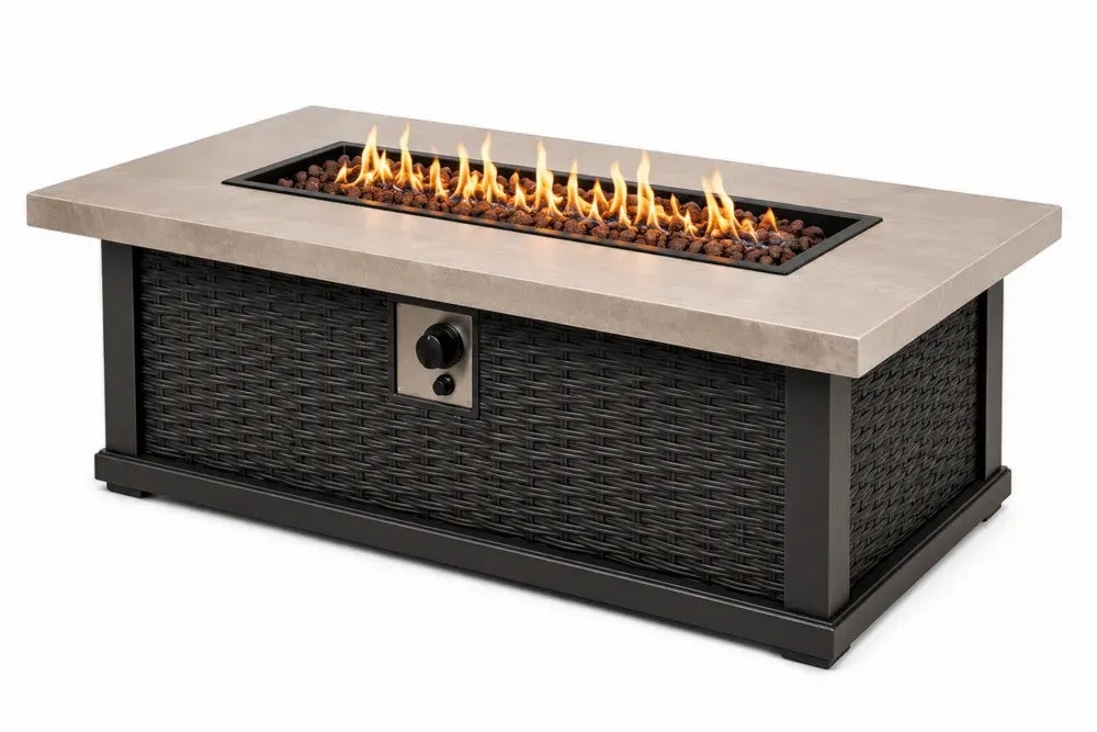 Gas-Feuertisch Gartentisch rechteckig 140 x 70 x 62 cm PE-Rattan Stahl Edelstahlbrenner Betonoptik Beige Schwarz
