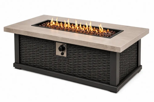 Gas-Feuertisch Gartentisch rechteckig 140 x 70 x 62 cm PE-Rattan Stahl Edelstahlbrenner Betonoptik Beige Schwarz
