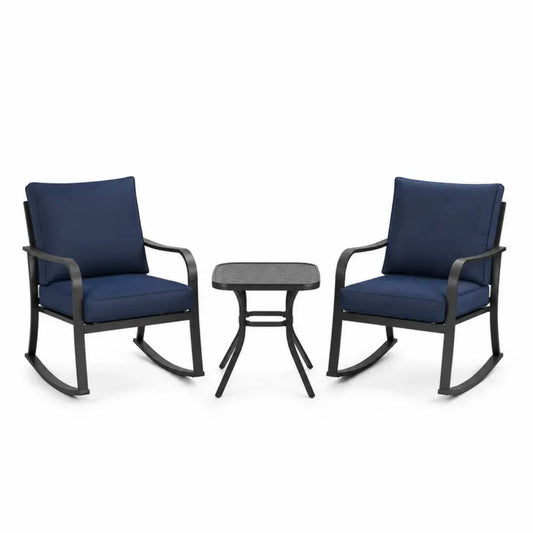 3-teiliges Gartenmöbel Set mit 2 Schaukelstühlen und quadratischem Beistelltisch pulverbeschichteter Stahl Polyester Blau Schwarz Stuhl 68 x 84 x 88 cm Tisch 45 x 45 x 48 cm