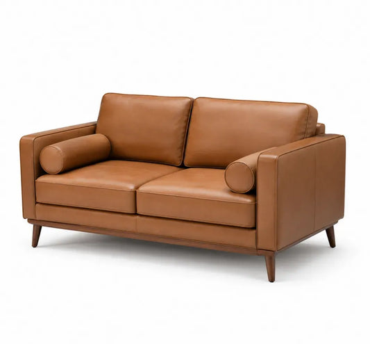 Zweisitzer Sofa mit 2 Rollenkissen 160 x 82 x 84 cm PU-Kunstleder PU-Schaum Sperrholz MDF Gummibaumholz rechteckig Cognacbraun Braun