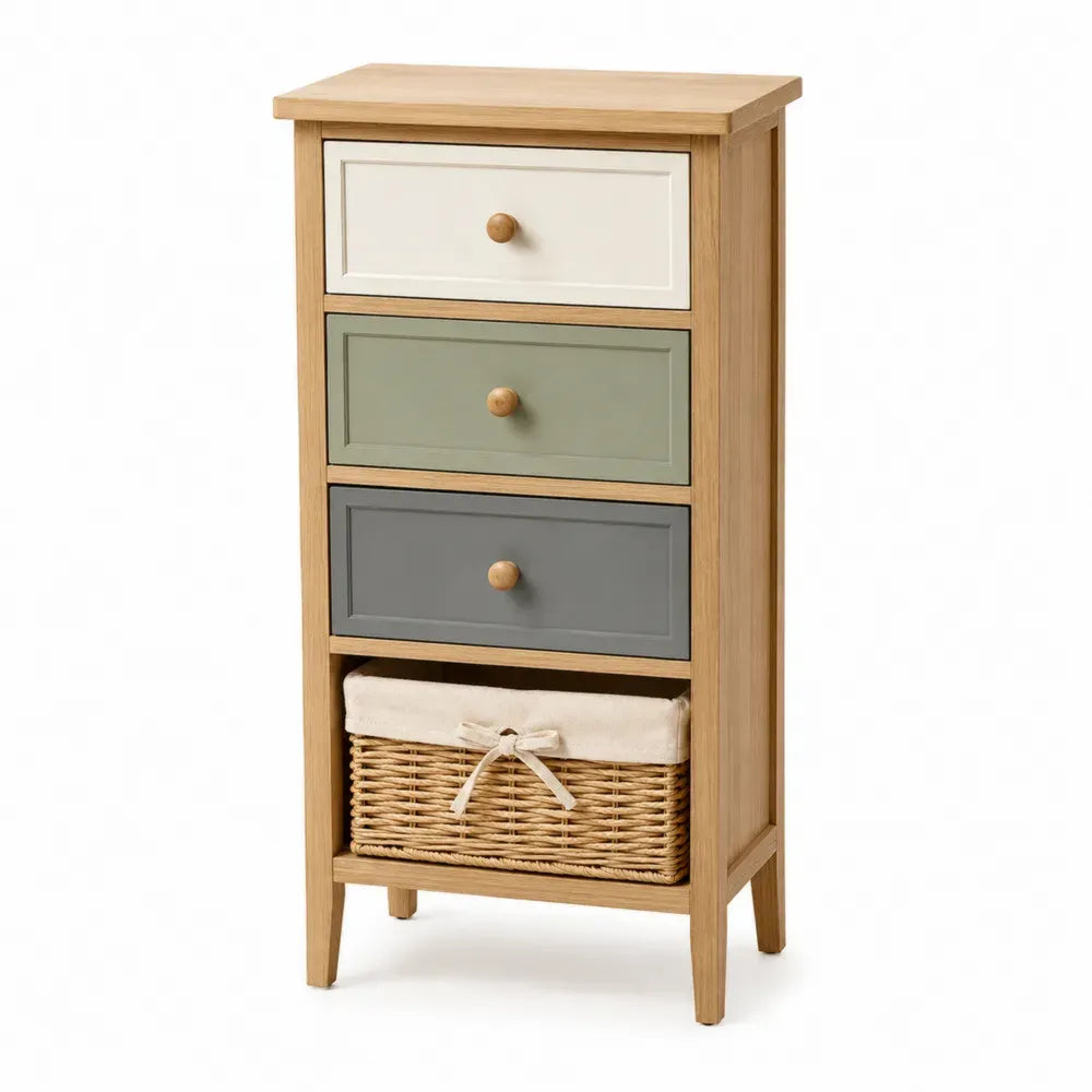 Aufbewahrungsschrank Kommode mit 3 Schubladen und Weidenkorb 45 x 32 x 90 cm Paulownia Massivholz MDF Weidengeflecht rechteckig Natur Cremeweiß Salbeigrün Grau
